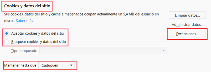Firefox - Cookies y datos del sitio