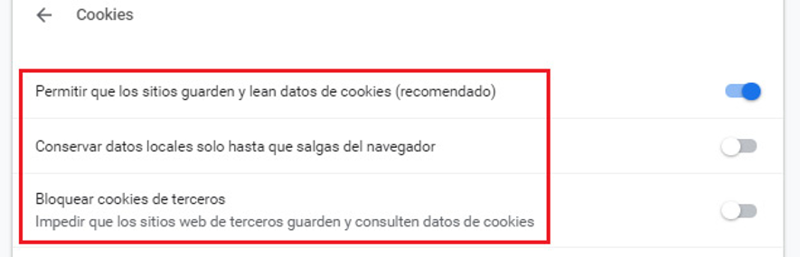 Interruptores para deseactivar cookies