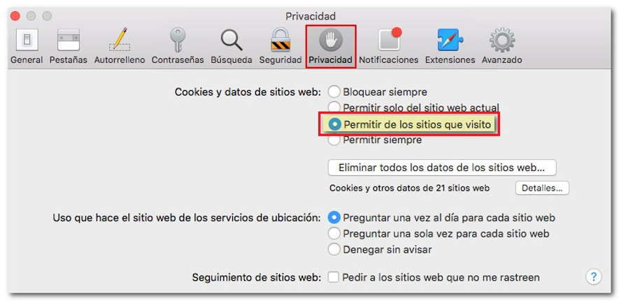 Desactivar cookies en Safari